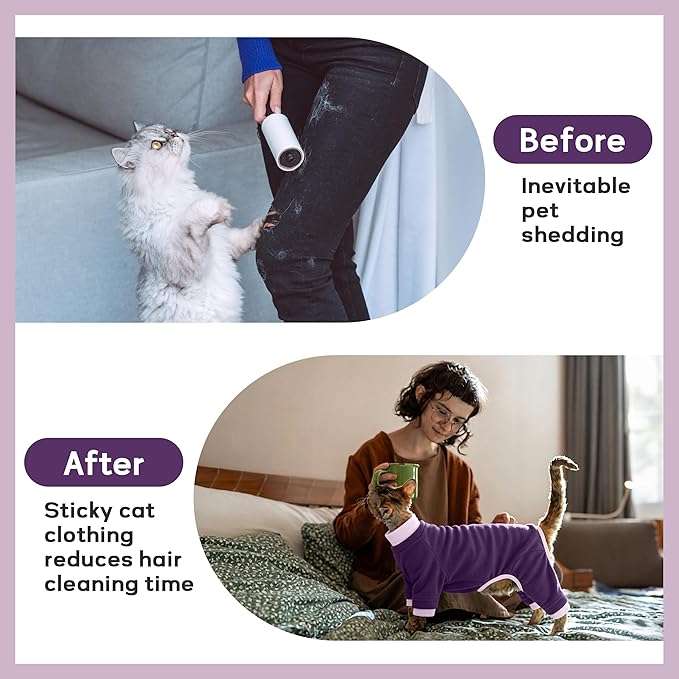 PUMYPOREITY Cat Hair Sticky Shirt – Breathable & Lightweight, Reduces Shedding Fur Pajamas, Prevents Licking Wounds After Surgery, Purple, L