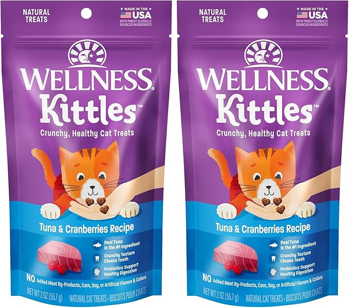 Wellness Kittles Crunchy Natural Grain Free Cat Treats, Tuna & Cranberry, 2-Ounce Bag (Pack of 2)