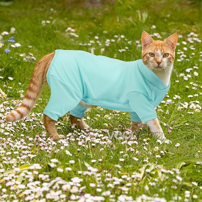 Sticky Hair Cat Clothes, Breathable & Lightweight, Reduces Shedding Fur Pajamas, Full Body Long Sleeve Surgical Bodysuit, Stop Licking & Shedding Blue XS