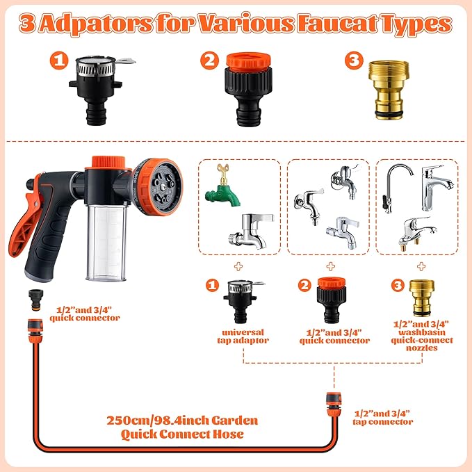 MALLMALL6 Dog Washing Hose Attachment with Pet Grooming Glove & 2 Soap Dispenser, 10-in-1 Spray Modes Foam Nozzle Sprayer with 8.2Ft Pup Washer Hose for Showering Pets Car Wash Watering Flowers