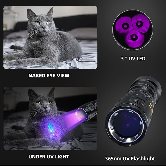 DARKBEAM UV Flashlight 365nm Black Light, 3 LED Ultraviolet Flashlights 20W Powerful Woods Lamps, USB-C Rechargeable UV Light - for Pet Urine Detection, Money, AC Sistem, Blood Tracking, Resin Curing