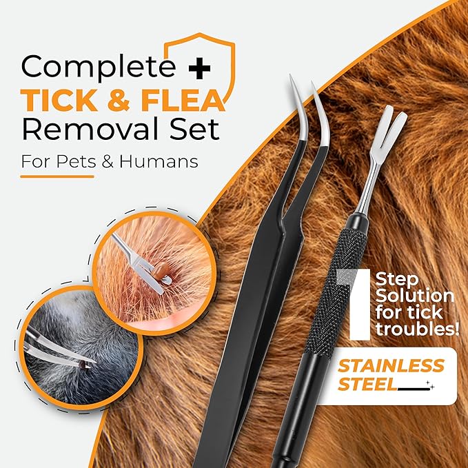Premium Tick Removal Tool - Stainless Steel Tick & Flea Remover for Pets Dogs Cats Humans -Safe Tick Control Puller &Precision Fine Point Tweezers to Completed Remove Ticks, 1 Set