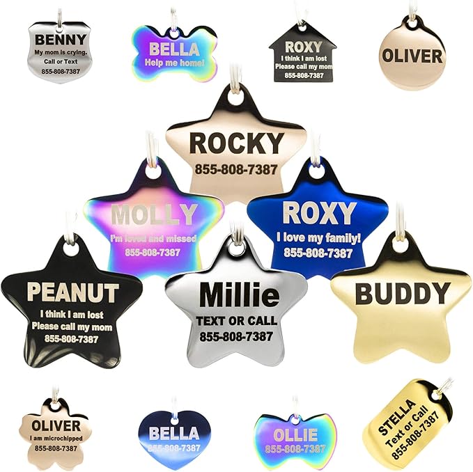 Engraved Dog Tags Personalized - Stainless Steel Engraved Dog Cat ID Tags Front & Back up to 8 Lines of Text Color Plating Gold, Rose Gold, Blue, Black, Nebula Star Small