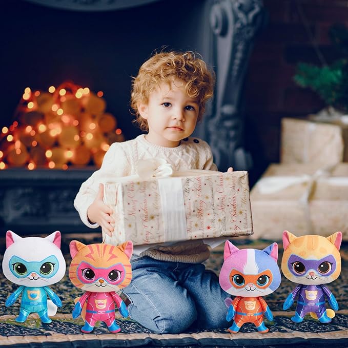 Super Cat Plush Toy – Set of 4 Soft Stuffed Animals – Sparks, Buddy, Ginny, Bitsy – Adorable Kitties Gift Set for Children(8Inch)