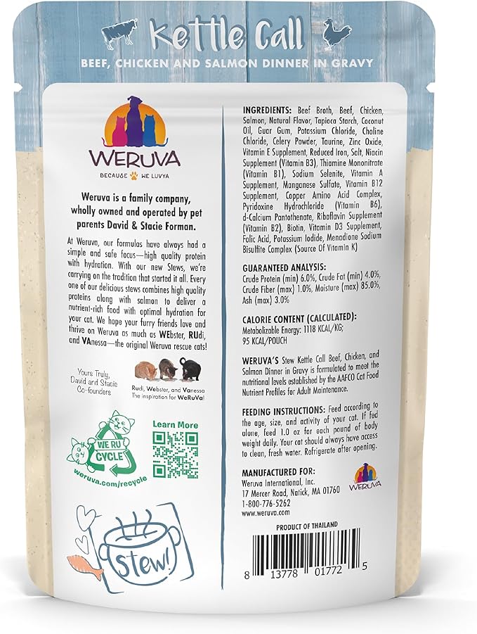Weruva Classic Cat Stews!, Kettle Call with Beef, Chicken & Salmon in Gravy, 3oz Pouch (Pack of 12)