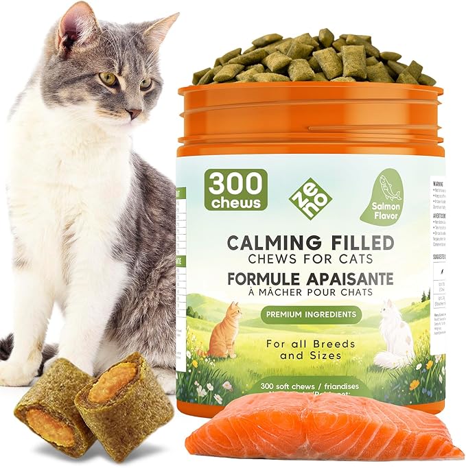 ZENO Hemp Calming Chews for Cats Anxiety 300 pcs - Feline Anxiety Relief with Melatonin - for Stress, Travel, Check-up, restlessness or Separation - Crunchy & Creamy Salmon Cat Calming Treats
