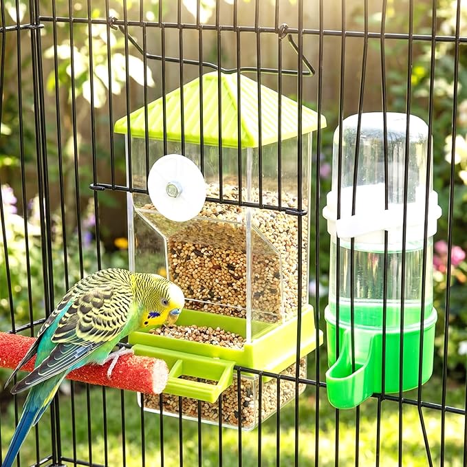 Novabright 7 Pcs No Mess Bird Feeder Water Dispenser Set Include Automatic Parakeet Feeder and Drinker with Bird Paw Grinding Stick Cage Accessories for Small Medium Cockatiel Lovebird(Cute,Green)