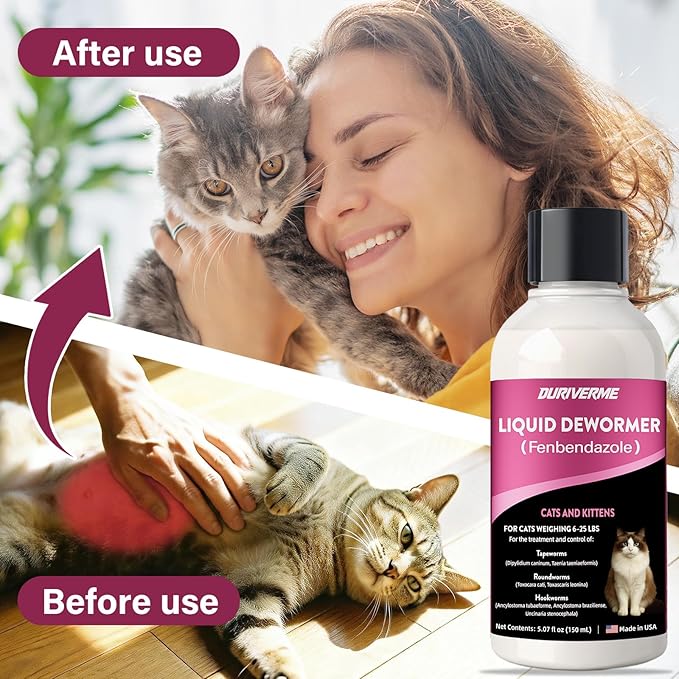 Dewormer for Cats & Dogs, Fenbendazole, Tapeworms, Roundworms & Hookworms, Suitable for Cats Weighing 6-25 LBS， (150ml) Lickable Formula Individually Wrapped