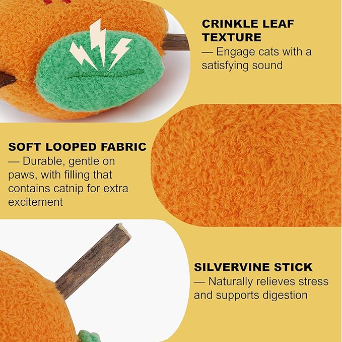 Natural Catnip Chew Toy, Orange Theme, Silvervine Stick for Cats Teeth Cleaning, Calm Anxiety and Stress, Aggressive Chewers Dental Toy