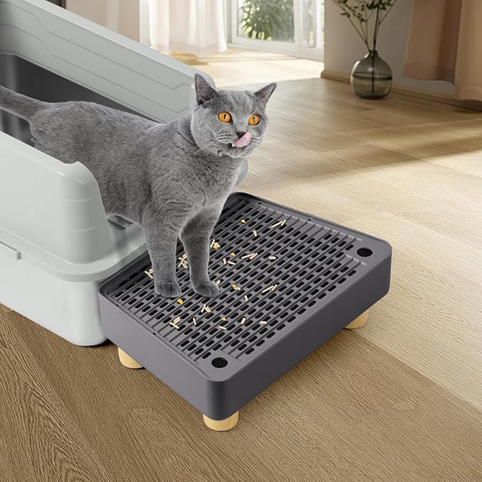 Extra Large Cat Litter Box Step Ramp, Cat's Litter Catcher Mat with Wooden Feet, Filter Function, Pedal Stool for Self-Cleaning Cat Litter Box, Ideal for Kitten & Elderly Cats (Dark Grey)