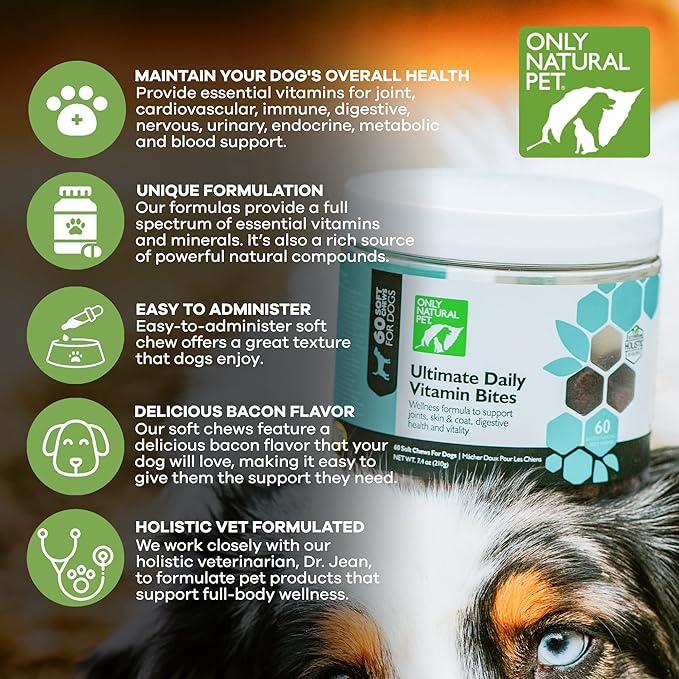 Only Natural Pet Ultimate Daily Vitamins - Complete Multivitamin Supplement for Dogs Balanced Health & Vitality - Senior Small & Large Canine Food Immune Digestive Support -60 Soft Chews (Pack of 1)