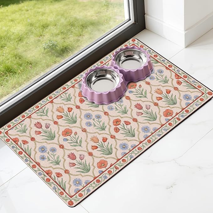 Dog Bowl Mat for Food and Water - Hamdwerk Absorbent Anti Slip Cat Feeding Mats for Floors, Quick Dry Pet Dog Feeding Matts, Diatomite Pet Dish Placemat Supplies, Vintage Floral Style, 17 * 30in