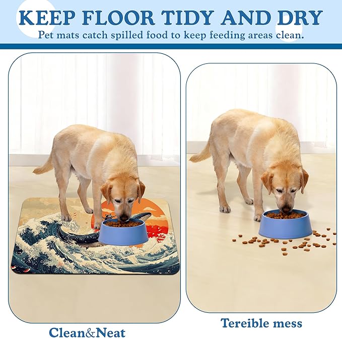Wave Cat Dog Food Mat,Christmas Stocking Ukiyo-e Whale Absorbent Quick Dry Feeding Placemat for Food and Water Bowls, Non Slip Rubber Backing, Waterproof Pet Supplies for Mess-Free Eating 12"x20"