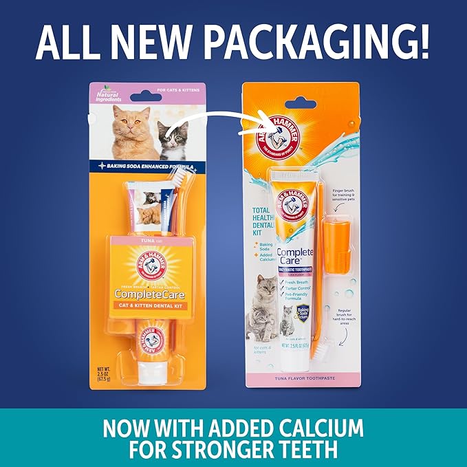 Arm & Hammer Complete Care Cat Dental Kit, Tuna Flavor Enzymatic Cat Toothpaste, Dual-Head Toothbrush & Finger Brush, Baking Soda + Calcium, Fluoride-Free Formula, 2.5 oz