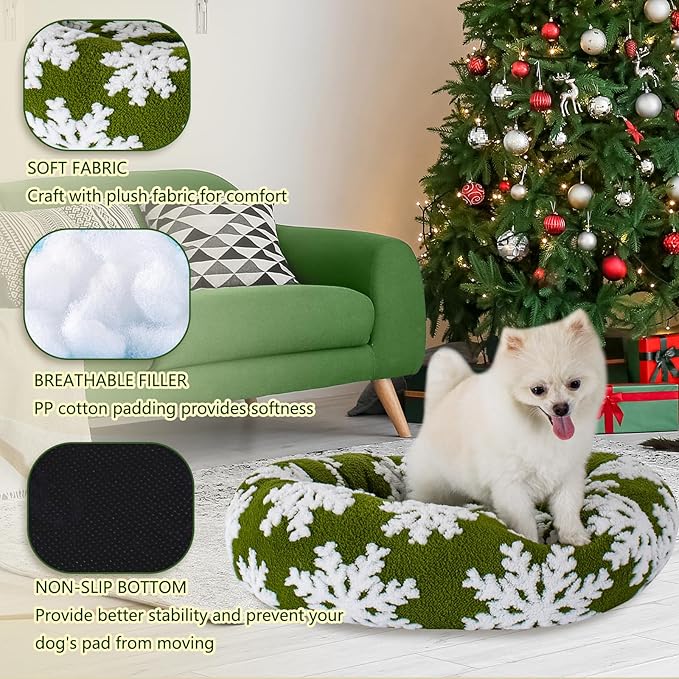23 Inch Christmas Snowflakes Calming Dog Bed for Small Dogs Cats, Kitty Puppy Round Anti-Anxiety Warm Bed, Soft Cozy Anti-Slip Donut Washable Pet Bed, Fits up to 30 lbs Pets