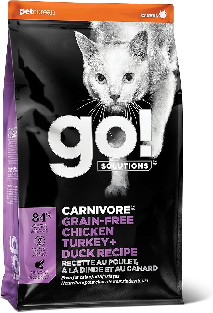 Go! Solutions Carnivore Chicken, Turkey + Duck Grain-Free Dry Cat Food, Our Highest-Protein Kibble Made with Real Meat & Fish, Cranberries for Urinary Health, for Kittens, Adults & Seniors, 8 lb Bag