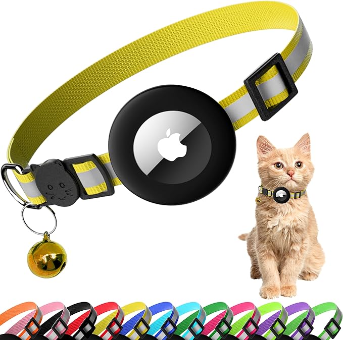 Cat Collar with Air Tag Holder, Reflective Kitten Collar with Bell, Breakaway Airtag Cat Collar for Boys Girls Cats, GPS Tracker for Cats 0.4’’ Width Adjustable Safe Kitty Collar, Yellow