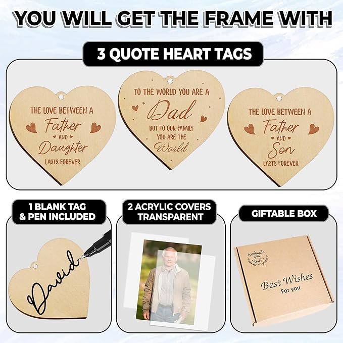 Father's Day Gift Rotating Picture Frame, Dad Frame Fits 4x6 Photo, To the World You Are a Dad Wooden Keepsake Ideas Birthday Gift for Father Stepdad from Daughter Son Tabletop Display HR-DAD-N