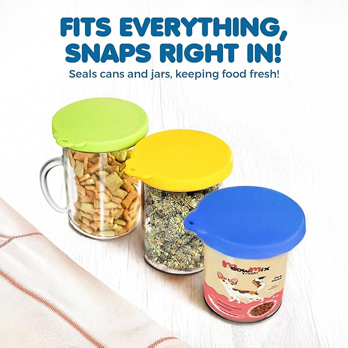 SunGrow Cat Food Can Lids, Durable and Flexible Silicone Wet Pet Food Can Covers, Universal Fit Storage Toppers, Dishwasher-friendly, Yellow, Blue, Green, 4” x 3.5”, 3 Pcs Per Pack