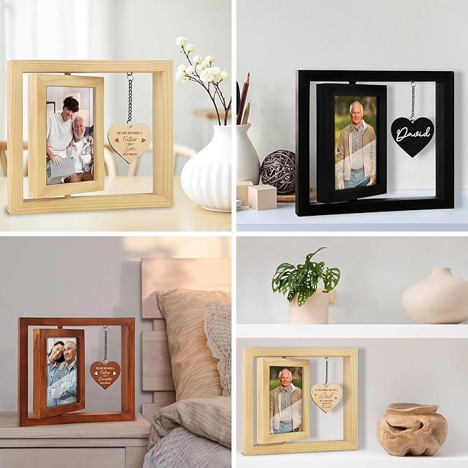 Father's Day Gift Rotating Picture Frame, Dad Frame Fits 4x6 Photo, To the World You Are a Dad Wooden Keepsake Ideas Birthday Gift for Father Stepdad from Daughter Son Tabletop Display HR-DAD-N