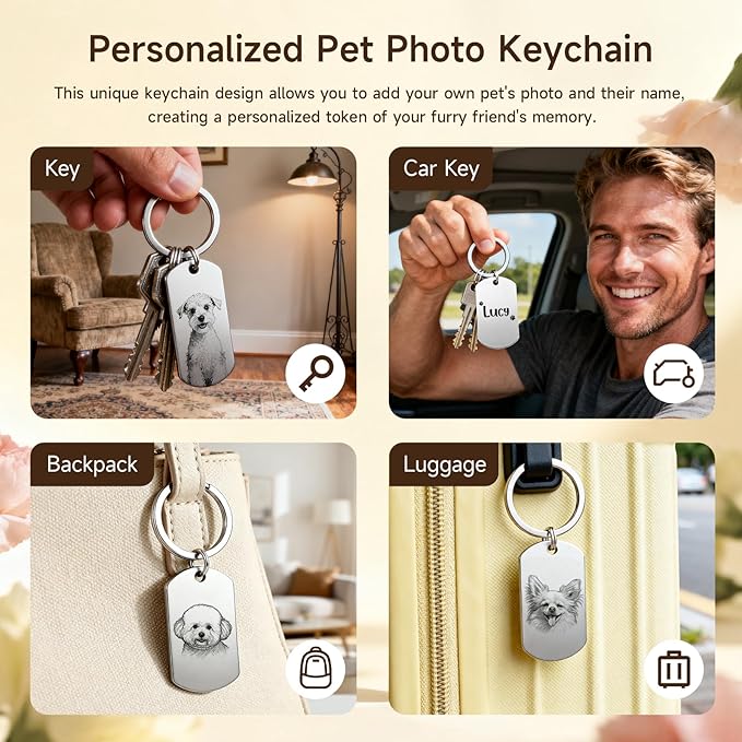 Custom Dog or Cat Portrait Keychain, Personalized Photo Engraved Keychains with Name, Customized Pet Memorial Gifts for Loss of Pets (Dog Tag Shape)