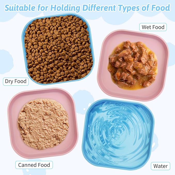 Fhiny 2PCS Silicone Cat Bowls Set 5.9 x 5.9 in Shallow Dog Dish Whisker Friendly Cat Food Plate for Dry & Wet Food Dishwasher Safe Non-Slip Pet Feeding Bowls for Kittens and Puppies (Blue+Pink)