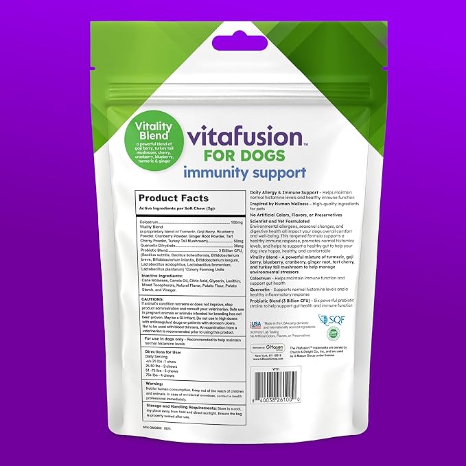 VitaFusion Probiotics for Dogs, Gut & Digestive Health Support with Colostrum & Quercetin, Immune & Seasonal Allergy Support, Superfood Vitality Blend, Beef Flavor120 Soft Chews.