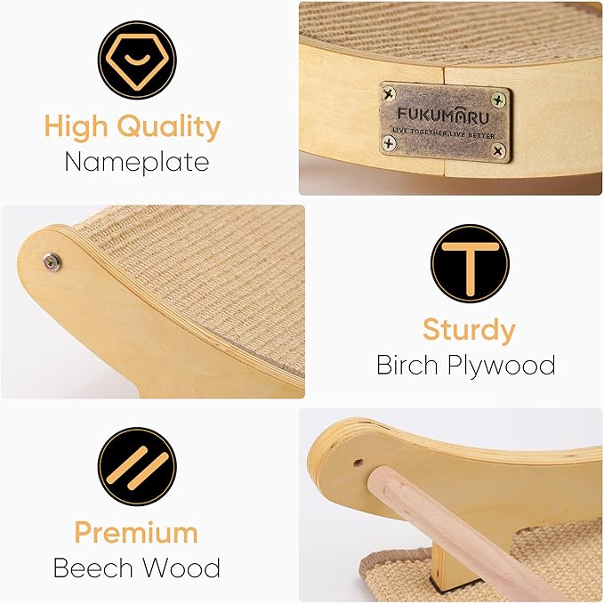 FUKUMARU Cat Scratcher Bed Sisal, 23.6 Inch Durable Scratching Bed for Indoor Cats, Large Cat Scratch Pad, 100% Natural Sisal Hammock, Solid Wood Frame Lounger Chair for Sleep & Scratch (Wood)