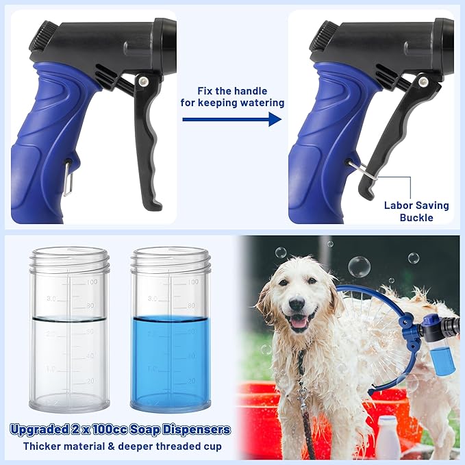MALLMALL6 Adjustable 360° Dog Washing Hose Attachment with Pet Grooming Glove & 2 100cc Soap Dispenser, Foldable Foam Nozzle Sprayer with 4 Faucet Connectors & 8.2Ft Puppy Washer Hose for Showering