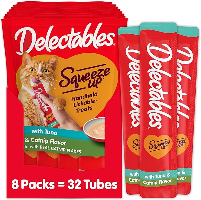 Delectables Squeeze Up Creamy Squeezable Puree, Lickable Wet Cat Treats, Grain Free, No Added Fillers, No by-Products, No Added Preservatives, 0.5 Ounces Tube Tuna with Catnip, 32 Tubes Total