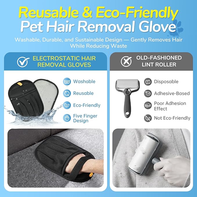 Pet Hair Removal Brush & Glove Set – Self-Cleaning Slicker Deshedding Brush and Reusable Hair Removal Glove for Dogs, Cats & Horses, Gentle Grooming Tool for Long & Short Haired Pets