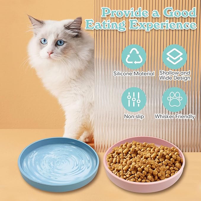 Silicone Cat Food Bowl Shallow Dishes 5.9in Wide Cats Bowls 3 Pcs Kitty Plates Relief Whisker Fatigue Puppy Feeding Bowl for Dry and Wet Food Indoor (Blue + Pink + Green)
