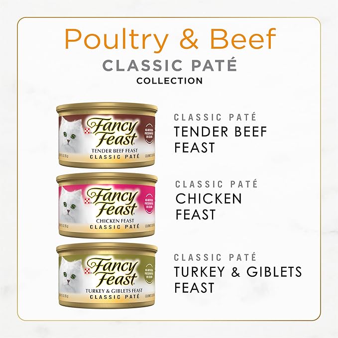 Fancy Feast Poultry and Beef Feast Classic Pate Collection Grain Free Wet Cat Food Variety Pack - (Pack of 30) 3 oz. Cans