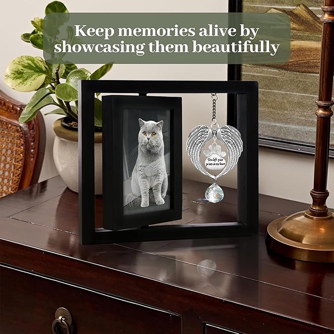 Black Rotating Wooden Picture Frame 4x6 Photo Pet Angel Wings Memorial Ornament Crystal Rainbow You Left Pawprints on My Heart, Dog Cat Bereavement Remembrance Gifts In Loving Sympathy Frame PR-4B