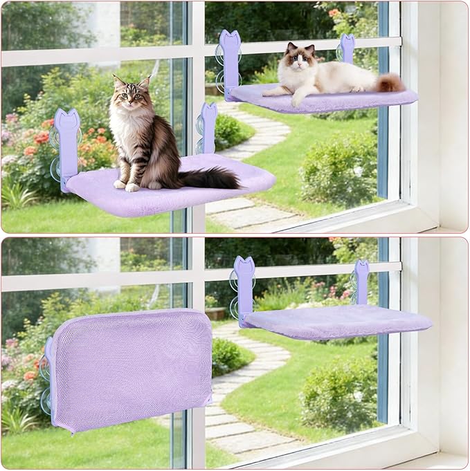 2 Pack Cat Window Perch,Cat Window Hammock Cordless Foldable Window Bed with 4 Large Strong Suction Cup,Reversible Cushion Cover,Metal Frame Easy to Adjust Window Seat Holds up to 40lbs(Purple，M)