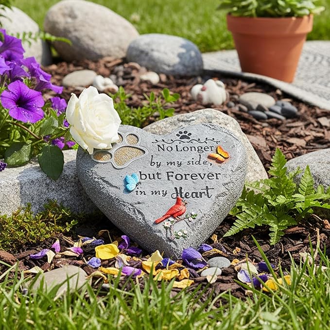 Pet Memorial Stone for Cats Dog Remembrance Gift with Paw Print, Cardinal & Butterfly, Pet Grave Markers Heart-Shaped Resin Dog Loss Sympathy Gift 6 inch