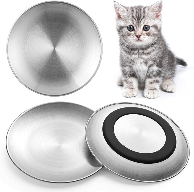 Stainless Steel Cat Bowls, Flat Metal Cat Food Bowl Set with Silicone Ring for Non Slip, 6.7" Wide and Shallow Cats Dishes or Plates for Feeding Indoor Cats, Kitten, Small Dogs (Silver-3 Pack)