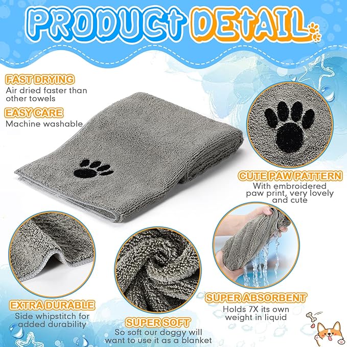 Chumia 4 Pack Dog Towels for Drying Pet Grooming Absorbent Dogs Soft Microfiber Quick Drying Winter Large Medium Small Puppy Bath Towels for Kitten Cats Pets(16 x 31 Inch,Gray)