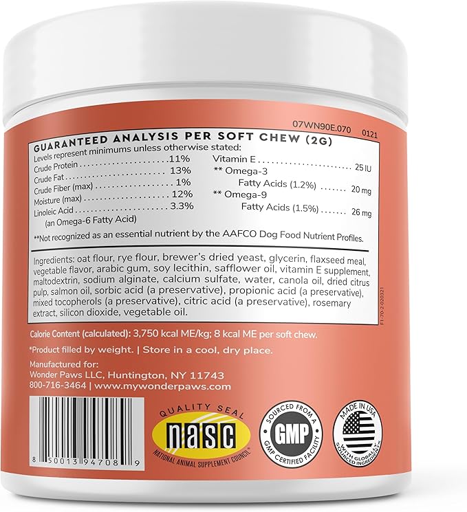 Wonder Paws Skin & Coat Supplement for Dogs with Salmon Oil, Omega 3 & 6, EPA & DHA, Promotes Healthy Skin and Coat, Itchy Relief, Joint and Overall Health, Delicious Flavor, 70 skin & coat Soft Chews