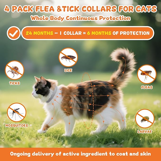 4 Pack Flea and Tick Collar for Cats - 20" Adjustable Collar Fits Cat, Long-Lasting 24-Month Protection for Small, Medium, and Large Cat - Waterproof Flea Tick Prevention