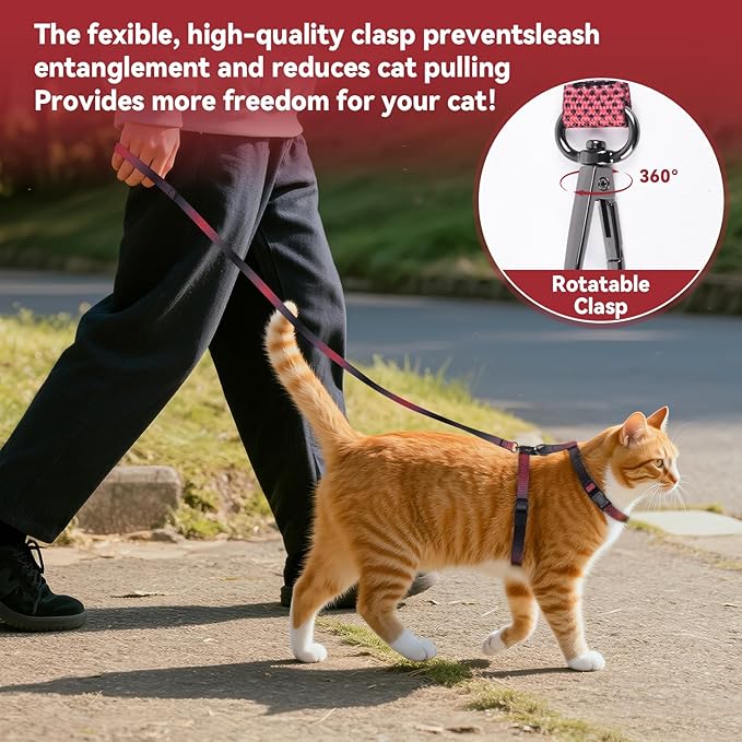 Cat Harness and Leash Set, 3-in-1 Escape Proof Adjustable, Comfortable Soft Lightweight, Safe, Easy to Wear, Walking Travel Kitten Harness for Small Medium Cats （Red