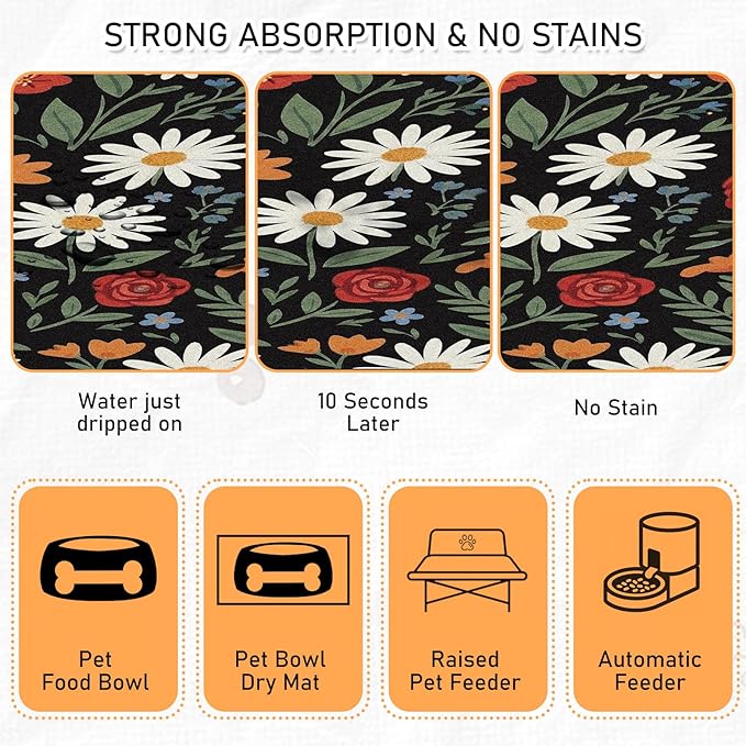 Dog Cat Food Mat - Absorbent Quick Dry Dog Bowl Mats for Food and Water, Anti Slip Cat Feeding Placemat for Floors, Diatomite Pet Dish Matts Accessories Supplies, Floral Style, 17 * 30in