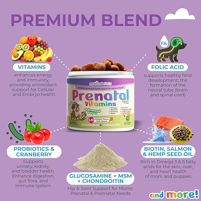 Dog Prenatal Vitamins – 120 Soft Chews Multivitamin, Folic Acid, Zinc, B-Complex, DHA & EPA Omegas and Probiotics Supplement for Pregnant, Nursing Breastfeeding pet – Mom & Puppy Vitamin Formula.