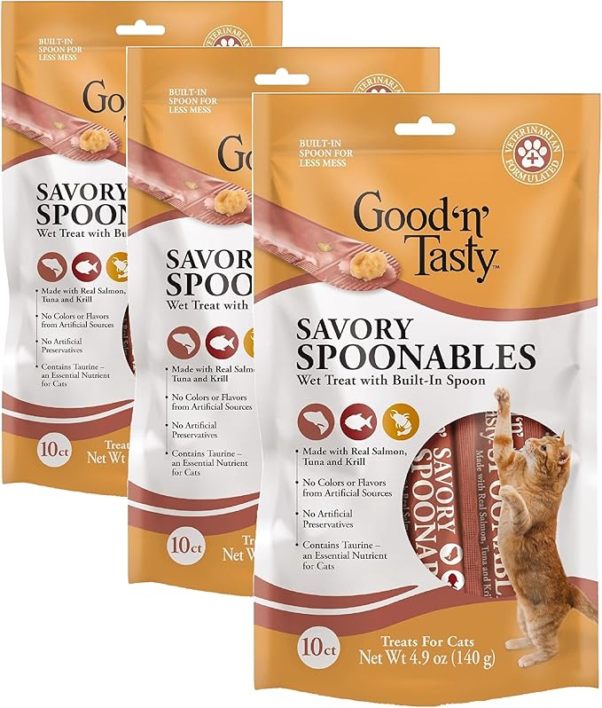 Good 'N' Tasty Savory Spoonables with Real Salmon, Tuna & Krill, 10 Count Tube, Triple Flavor Squeezable Lickable Wet Treats for Cats with Built-in Spoon for Less Mess (Pack of 3)