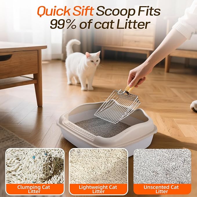 Metal Cat Litter Scoop Kitty Metal Scooper with Hook and Hole, Heavy Duty Stainless Steel Shovel with Wooden Stainless Steel Kitten Poop Lifter for Litter Box(Gray)