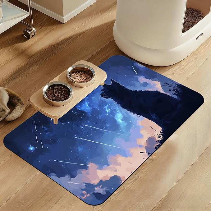 Starry Night Cat Dog Food Mat–Christmas Stocking Absorbent Quick Dry Feeding Placemat for Food and Water Bowls, Non Slip Rubber Backing, Waterproof Pet Supplies for Mess-Free Eating 16"x24"