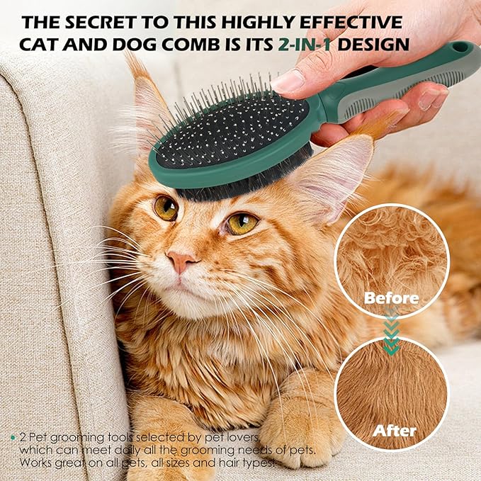 2PCS Pet Grooming and Deshedding Tools, 2-In-1 Double-Sided Cat Brush for Shedding and Bathing, Dogs & Cats Shedding Comb for Long and Short Haired Dogs Cats