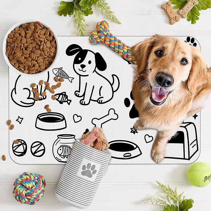 Cute Cat Bird Paw Print Dog Cat Food Mat,Absorbent Pet Feeding Mat with Rubber Backing,Non-Slip Water Bowl Placemat,Indoor Pet Accessories Supplies 12"x20"