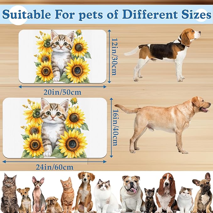 Cute Cat Sunflower Pet Feeding Mat for Floors–Christmas Stocking Absorbent Quick Dry Dog Cat Bowl Mat for Food and Water, Non Slip Waterproof Base, Mess-Free Feeding Accessories 12"x20"