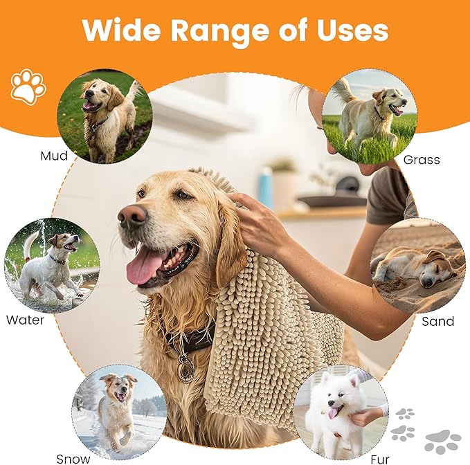 Smiry Chenille Dog Drying Towel, Extra Absorbent Bath Towel for Mud Dogs, Ultra Soft Quick Dry Pet Wash Mitt for Bathing, Grooming and Post-Walk Cleaning (31x13 Inches, Beige)